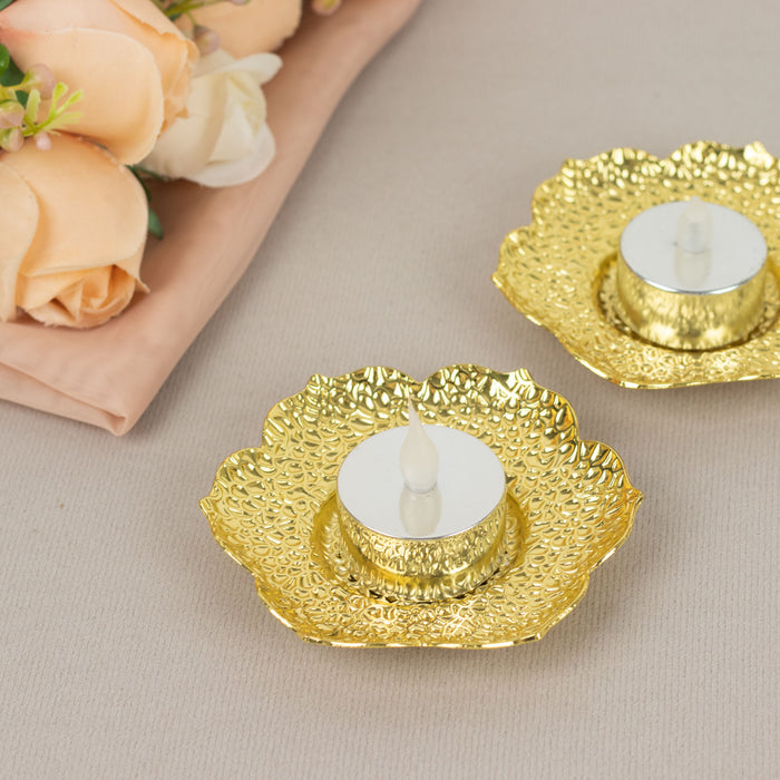 3 Pack | 4inch Shiny Gold Metal Plum Blossom Tealight Candle Holders, Vintage Mini Tea Cup Saucers