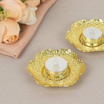 3 Pack 4" Shiny Gold Metal Plum Blossom Tealight Candle Holders, Vintage Mini Tea Cup Saucers
