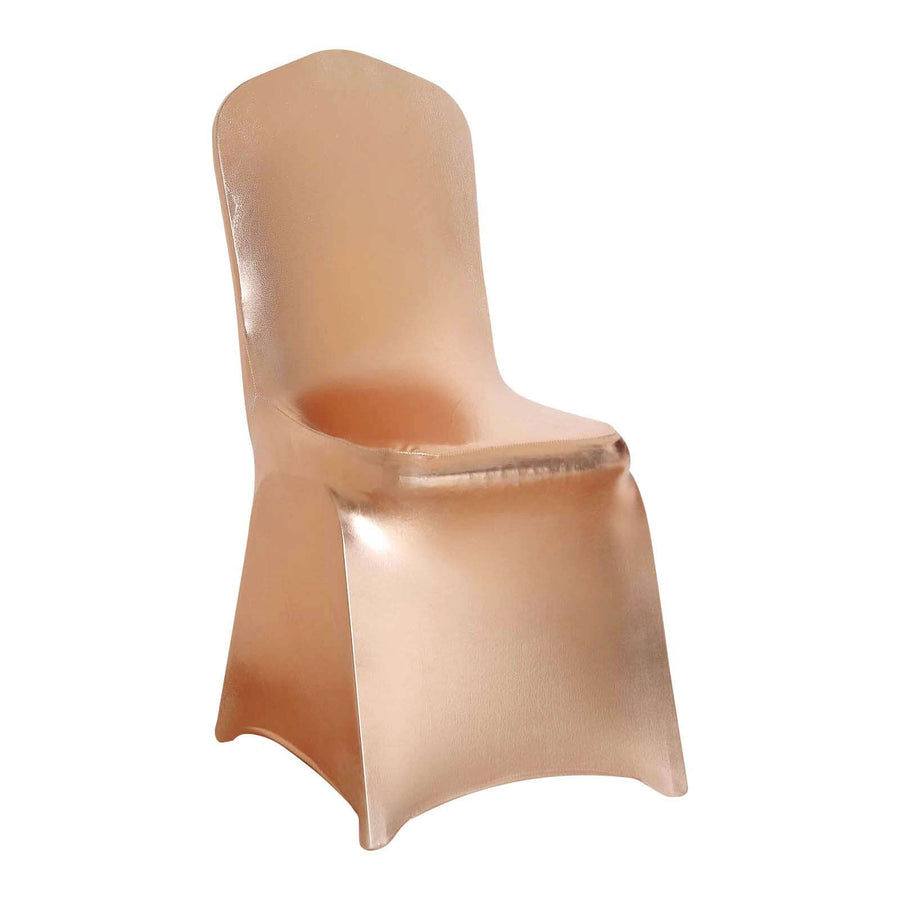 Shiny Metallic Blush/Rose Gold Spandex Banquet Chair Cover, Glittering Premium Fitted Chair#whtbkgd