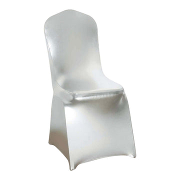 Shiny Metallic Silver Spandex Banquet Chair Cover, Glittering Premium Fitted Chair Cover