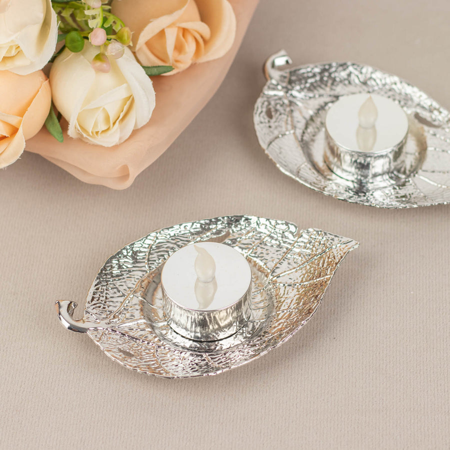 3 Pack | 5inch Shiny Silver Metal Maple Leaf Tealight Candle Holders, Vintage Mini Tea Cup Saucer