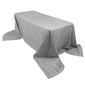 90"x156" Silver Accordion Crinkle Taffeta Seamless Rectangular Tablecloth for 8 Foot Table With Floor-Length Drop