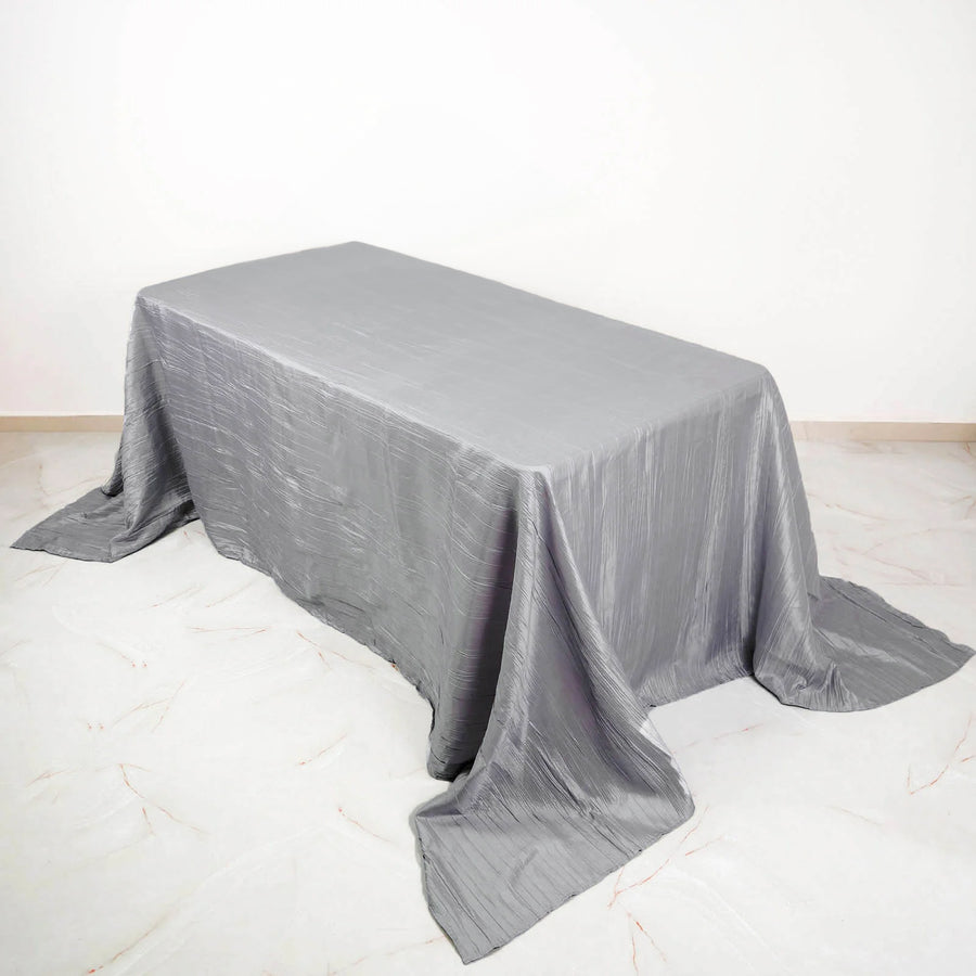 90"x132" Silver Accordion Crinkle Taffeta Seamless Rectangular Tablecloth for 6 Foot Table With Floor-Length Drop