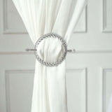 Set of 2 | 6inch Silver Acrylic Braided Barrette Style Curtain Tie Backs With Crystal Diamond