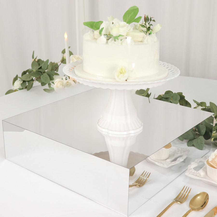 18x18Inch | Silver Acrylic Cake Box Stand, Mirror Finish Display Box Pedestal Riser
