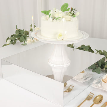 18"x18" Silver Acrylic Cake Box Stand, Mirror Finish Display Box Pedestal Riser with Hollow Bottom