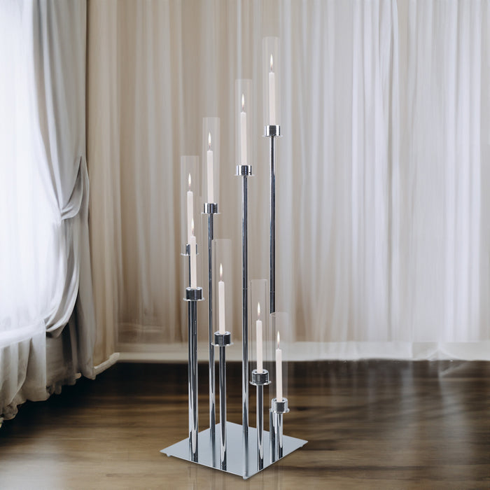 42inch Silver 8 Arm Cluster Taper Candle Holder With Clear Glass Shades, Large Candle Arrangement