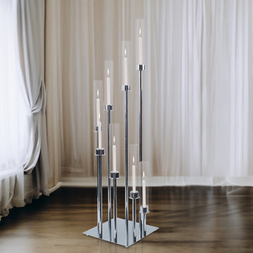 42" Silver 8 Arm Cluster Taper Candle Holder With Clear Glass Shades, Large Candle Arrangement