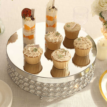 16" Silver Crystal Beaded Metal Cake Stand Pedestal, Cupcake Display, Dessert Riser