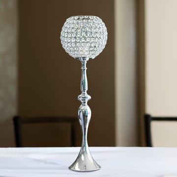 30" Silver Metal Acrylic Crystal Goblet Candle Holder, Flower Ball Stand