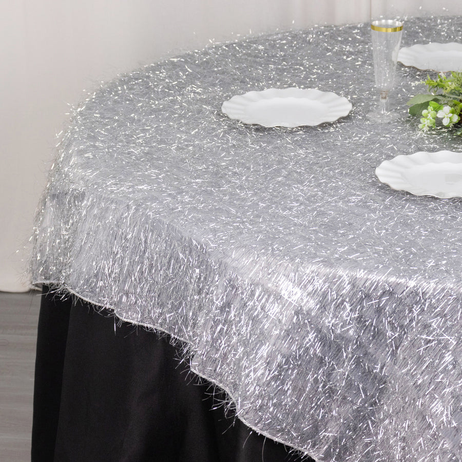 72x72inch Silver Polyester Table Overlay With Metallic Tinsel Foil Fringes