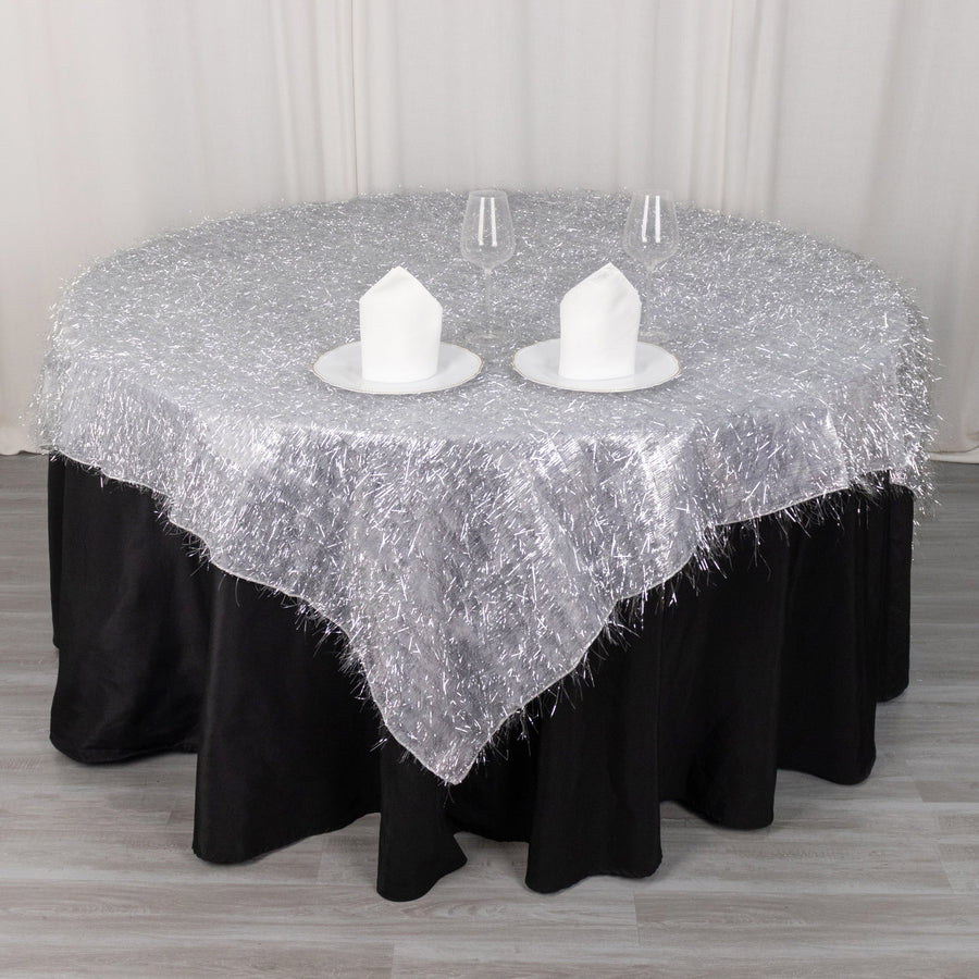 72x72inch Silver Polyester Table Overlay With Metallic Tinsel Foil Fringes