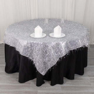 Add Elegance to Your Event with the Silver Metallic Fringe Shag Tinsel Table Overlay