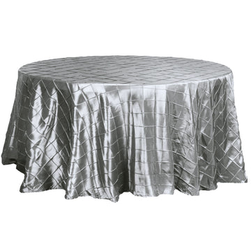 120" Silver Pintuck Round Seamless Tablecloth for 5 Foot Table With Floor-Length Drop
