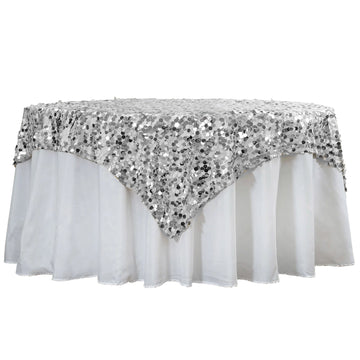 72"x72" Silver Premium Big Payette Sequin Square Table Overlay