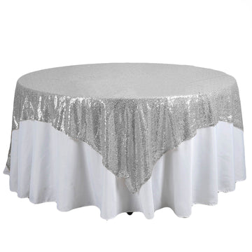 90"x90" Silver Premium Sequin Square Table Overlay, Sparkly Table Overlay