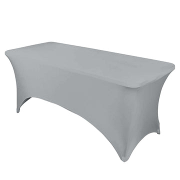 Silver Stretch Spandex Rectangle Tablecloth 8ft Wrinkle Free Fitted Table Cover for 96"x30" Tables