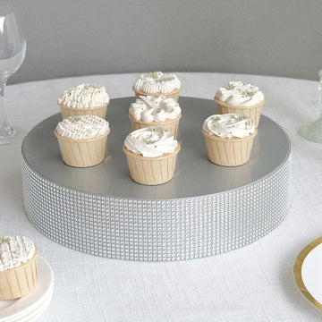 14" Silver Rhinestones Round Metal Pedestal Cake Stand, Cupcake Holder Dessert Table Display Centerpiece