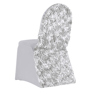 Add Glamour and Elegance with Silver Satin Rosette Spandex Stretch Banquet Chair Cover