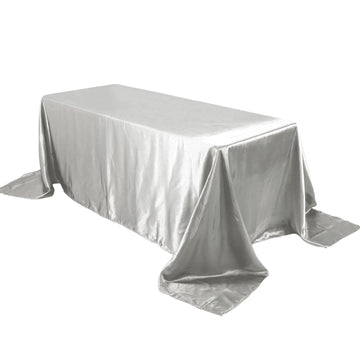 90"x132" Silver Satin Seamless Rectangular Tablecloth for 6 Foot Table With Floor-Length Drop