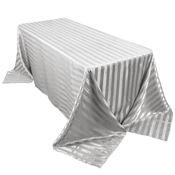 90"x132" Silver Satin Stripe Seamless Rectangular Tablecloth for 6 Foot Table With Floor-Length Drop