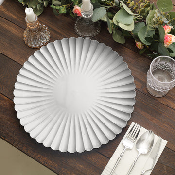 6 Pack | 13" Silver Scalloped Shell Pattern Plastic Charger Plates, Round Disposable Serving Trays