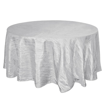 120" Silver Seamless Accordion Crinkle Taffeta Round Tablecloth for 5 Foot Table With Floor-Length Drop