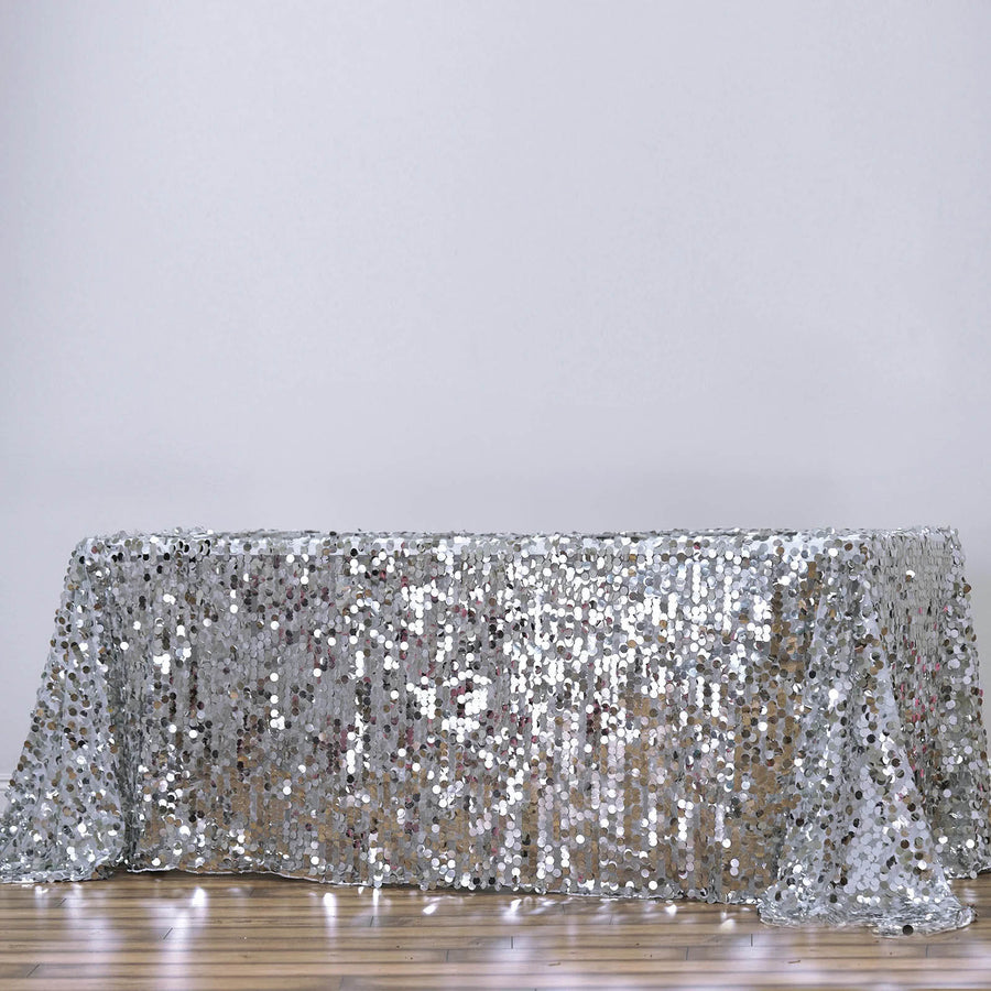 90"x156" Silver Seamless Big Payette Sequin Rectangle Tablecloth Premium for 8 Foot Table With Floor-Length Drop
