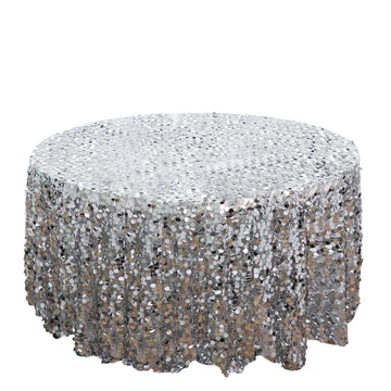 120" Silver Seamless Big Payette Sequin Round Tablecloth Premium Collection