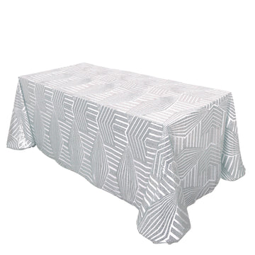 90"x132" Silver Seamless Diamond Sequin Rectangular Tablecloth for 6 Foot Table With Floor-Length Drop