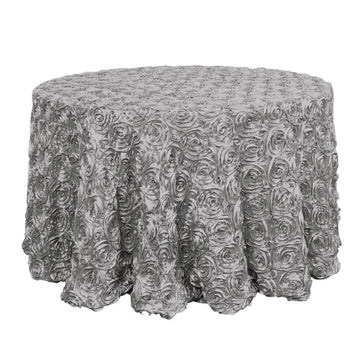 120" Silver Seamless Grandiose 3D Rosette Satin Round Tablecloth for 5 Foot Table With Floor-Length Drop