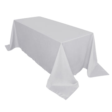 90"x132" Silver Seamless Polyester Rectangular Tablecloth for 6 Foot Table With Floor-Length Drop