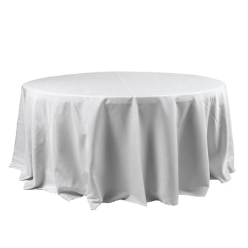 120" Silver Seamless Polyester Round Tablecloth for 5 Foot Table With Floor-Length Drop
