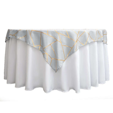 Polyester 54"x54" Table Overlay Square Tablecloth Silver with Gold Foil Geometric Pattern - Wrinkle-Resistant & Durable for Stylish Settings