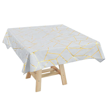 54"x54" Silver Seamless Polyester Square Tablecloth With Gold Foil Geometric Pattern