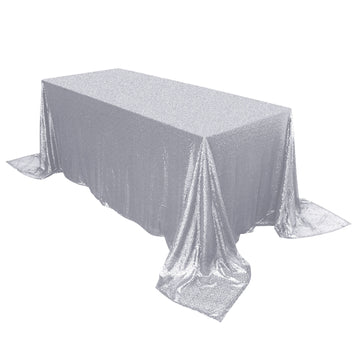 90"x132" Silver Seamless Premium Sequin Rectangle Tablecloth for 6 Foot Table With Floor-Length Drop