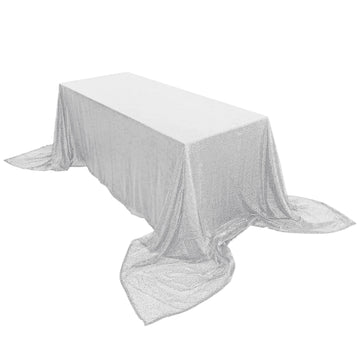 90x156" Silver Seamless Premium Sequin Rectangle Tablecloth for 8 Foot Table With Floor-Length Drop