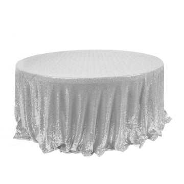 120" Silver Seamless Premium Sequin Round Tablecloth for 5 Foot Table With Floor-Length Drop