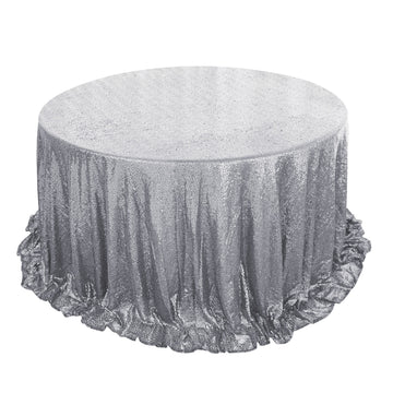 132" Silver Seamless Premium Sequin Round Tablecloth, Sparkly Tablecloth for 6 Foot Table With Floor-Length Drop