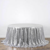 132" Silver Seamless Premium Sequin Round Tablecloth, Sparkly Tablecloth for 6 Foot Table With Floor-Length Drop