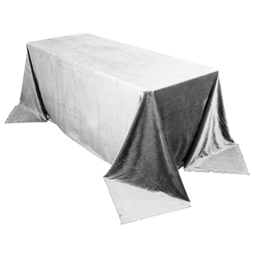 90"x132" Silver Seamless Premium Velvet Rectangle Tablecloth, Reusable Linen for 6 Foot Table With Floor-Length Drop