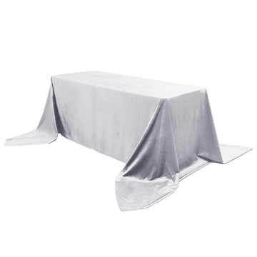 90"x156" Silver Seamless Premium Velvet Rectangle Tablecloth, Reusable Linen for 8 Foot Table With Floor-Length Drop