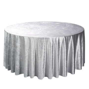 120" Silver Seamless Premium Velvet Round Tablecloth, Reusable Linen for 5 Foot Table With Floor-Length Drop