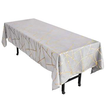 60"x102" Silver Seamless Rectangle Polyester Tablecloth With Gold Foil Geometric Pattern