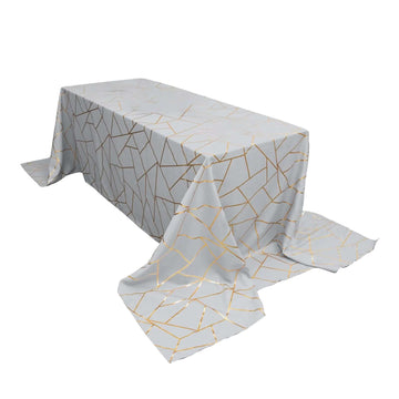 90"x156" Silver Seamless Rectangle Polyester Tablecloth With Gold Foil Geometric Pattern for 8 Foot Table With Floor-Length Drop