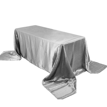 90"x156" Silver Seamless Satin Rectangular Tablecloth for 8 Foot Table With Floor-Length Drop