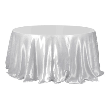 132" Silver Seamless Satin Round Tablecloth for 6 Foot Table With Floor-Length Drop