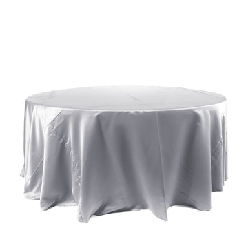 120" Silver Seamless Satin Round Tablecloth for 5 Foot Table With Floor-Length Drop