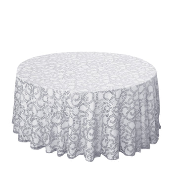 120" Silver Sequin Leaf Embroidered Seamless Tulle Round Tablecloth, Sheer Table Overlay