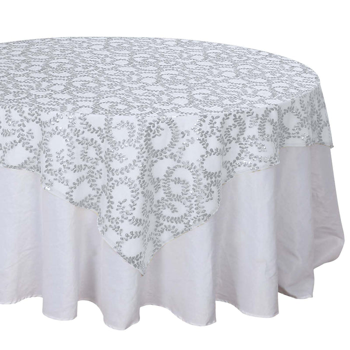 72x72inch Silver Sequin Leaf Embroidered Seamless Tulle Table Overlay
